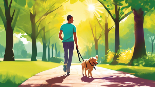 Create an image of a happy dog owner using the innovative Ezy Dog Leash while walking their energetic dog in a beautiful park. The leash should be visibly ergonomic and feature easy-to-use clips and a
