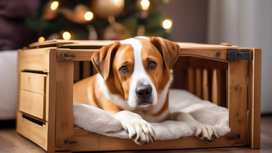 Create an image that depicts a cozy indoor scene with an older dog peacefully resting in a spacious, well-padded crate. The crate should be equipped with soft bedding, a favorite toy, and a blanket. T