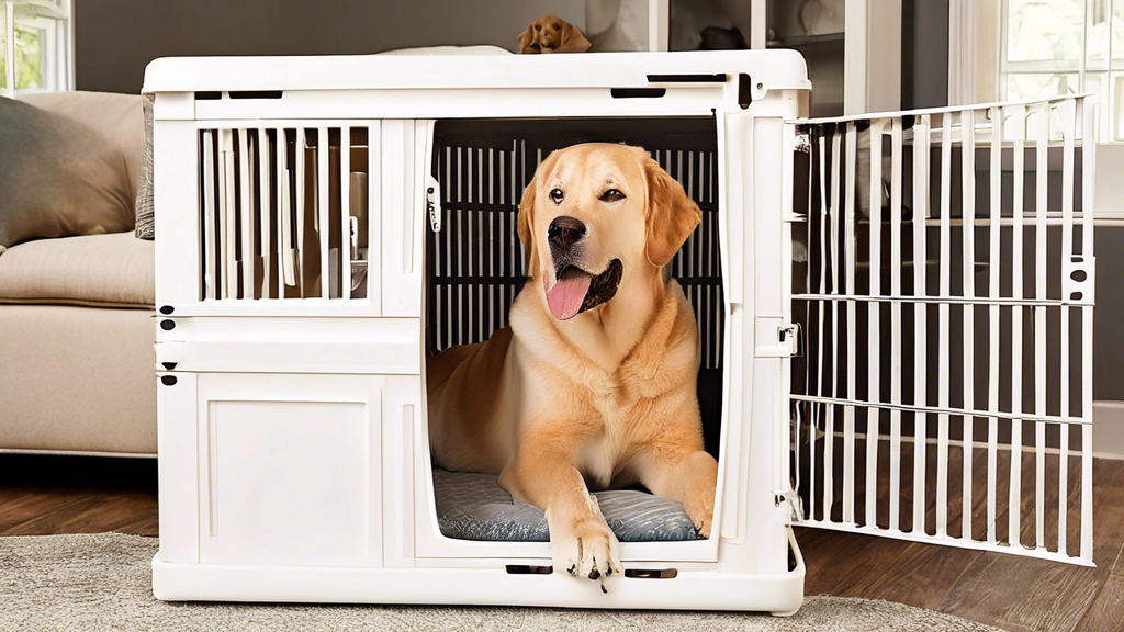 Create an image of a happy large dog sitting comfortably in a spacious, well-designed XL dog crate placed in a cozy living room. The crate should have a padded bed, toys, and water bowl inside, and be