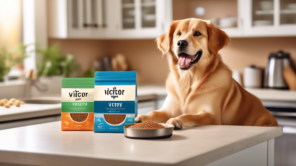 Create an image of a happy and healthy dog enjoying a bowl of Victor Puppy Food in a beautifully lit kitchen. The food packaging is prominently displayed on the counter, showcasing its branding and hi
