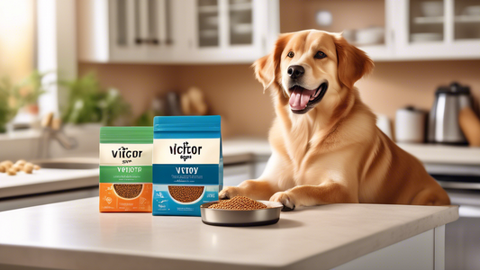 Create an image of a happy and healthy dog enjoying a bowl of Victor Puppy Food in a beautifully lit kitchen. The food packaging is prominently displayed on the counter, showcasing its branding and hi