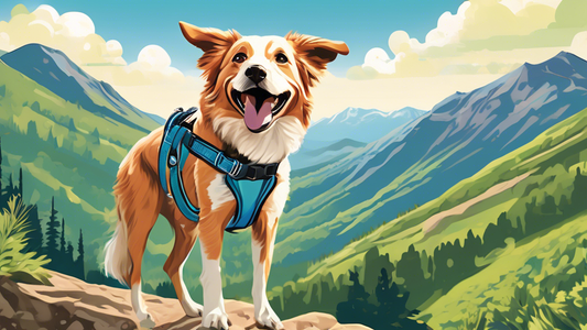 Create an image of a happy dog on a hiking trail, wearing a bright, sturdy Arcadia Trail leash. The leash includes features like a comfortable padded handle, a reflective strip for visibility, and a s