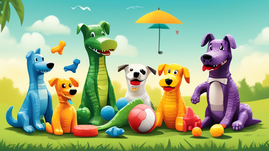 An assortment of colorful and durable alligator-themed dog toys neatly displayed on a grassy background, with various dogs of different breeds playfully interacting with the toys under a sunny sky.