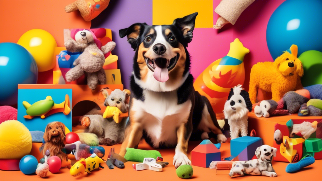 Create an image of a happy dog surrounded by a selection of vibrant, fun, and diverse toys from BarkBox. The scene should include a mix of squeaky toys, chew toys, plush toys, and other playful items 