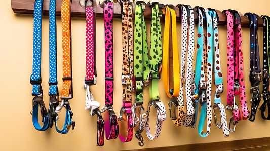 Create an image of a stylish and vibrant collection of dog leashes neatly displayed on a wooden rack. Each leash showcases unique designs, such as colorful patterns, polka dots, and modern prints. A v