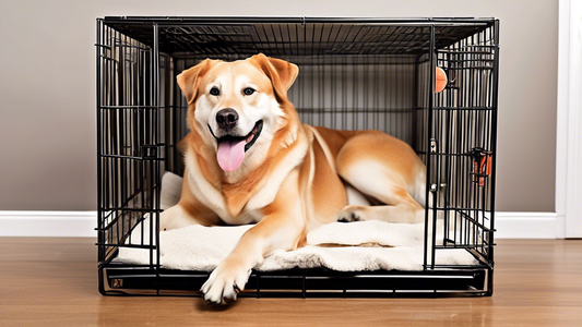 Create an image of a happy, large dog comfortably lounging inside a sturdy, heavy-duty dog crate with reinforced bars. The crate should be placed in a cozy, well-lit room with pet accessories like toy