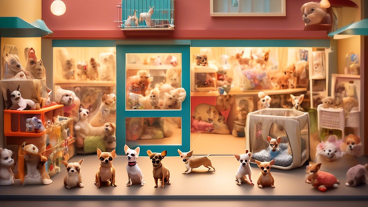 Create an image of a cozy, local pet store with a cheerful and inviting atmosphere. Featured prominently are a few adorable toy chihuahuas in a glass-sided playpen, with toys and comfortable bedding. 
