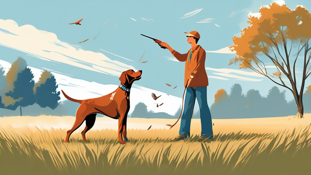 Create an image showing a person outdoors, training a bird dog with a whistle and a dummy pheasant. The dog, a pointer breed, should be in a classic pointing stance in a field, with tall grass and a b