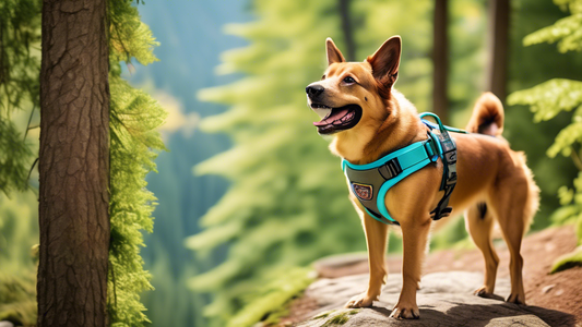 Create an image of a joyful dog wearing a well-fitted, colorful Arcadia Trail dog harness, standing on a scenic hiking trail surrounded by lush greenery. Several different styles and colors of dog har