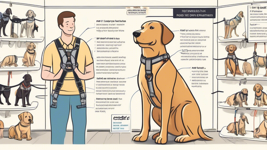 A detailed illustration of various front clip dog harnesses on display, with a friendly dog trying on a well-fitted harness. The background shows a tidy pet store with an informative chart explaining 