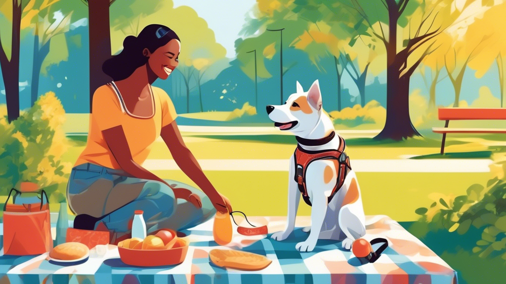 An affectionate dog owner fitting a stylish and comfortable harness on a happy dog in a sunlit park, with various harness types displayed on a nearby picnic table. The surrounding greenery and a clear