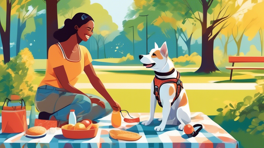 An affectionate dog owner fitting a stylish and comfortable harness on a happy dog in a sunlit park, with various harness types displayed on a nearby picnic table. The surrounding greenery and a clear
