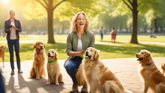 Photorealistic image of a professional dog trainer in a peaceful park, using positive reinforcement techniques with a well-behaved Golden Retriever. The trainer holds a treat and clicker in one hand w