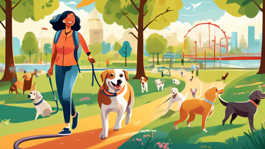 A detailed, high-resolution illustration of a happy dog on a walk using a figure 8 dog lead, with labels highlighting the features and benefits such as improved control, reduced strain on the dog's ne