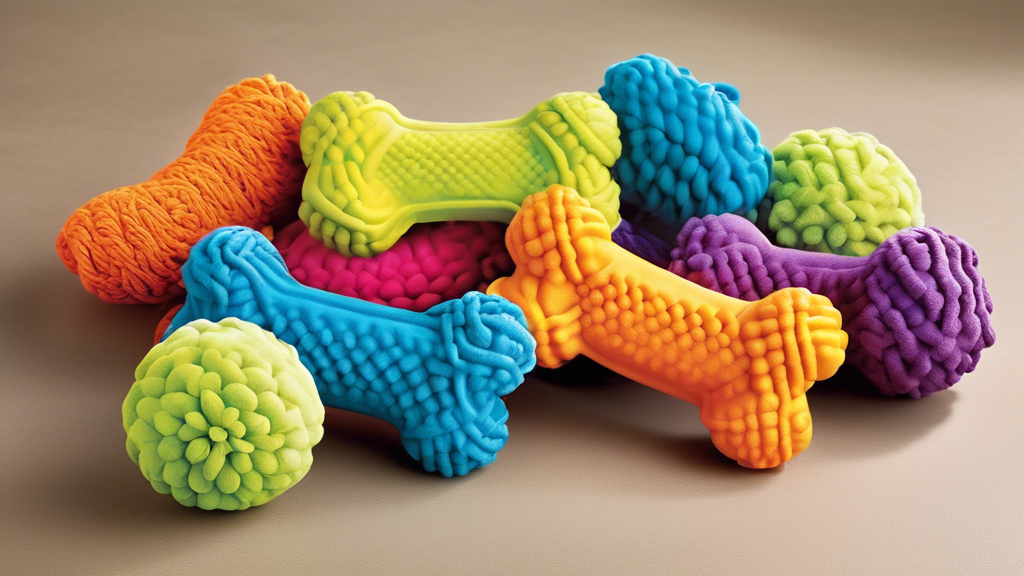 Create an image of several durable dog toys designed for tough chewers, including items like thick rubber bones, reinforced ropes, and sturdy chew rings. Illustrate a variety of vibrant colors and tex