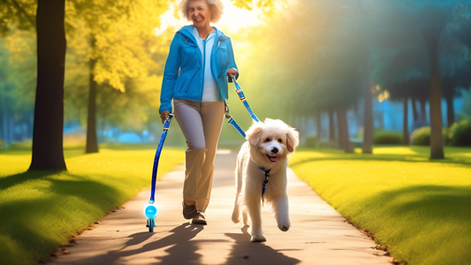 Create an image of a happy dog and its owner walking in a picturesque park using a Wonder Walker Leash. Make the leash stand out with a glowing aura or bright color, suggesting its unique benefits. Th