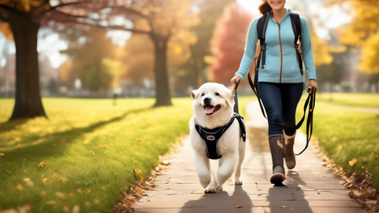 Create an image of a cheerful dog wearing a comfortable, high-quality co-harness, walking alongside its happy owner in a scenic park. The harness should be visibly secure and designed to distribute we