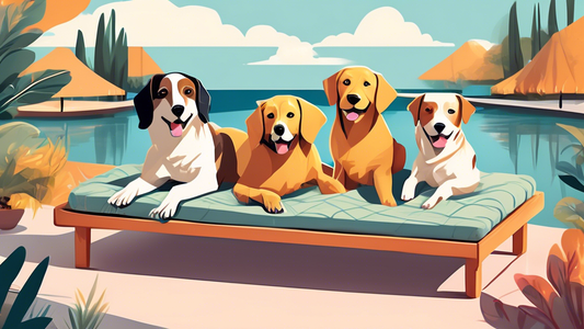 Illustration of a cozy outdoor scene with happy dogs lounging on different types of high-quality dog cots, each designed with various features such as elevated platforms, shade canopies, and plush mat
