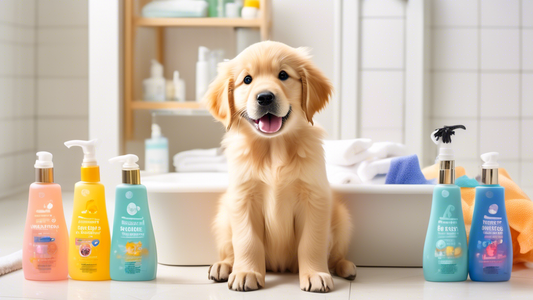 An adorable golden retriever puppy sitting in a bright, happy bathroom, surrounded by various colorful bottles of dog shampoo. Each bottle is labeled with descriptive tags such as 'gentle', 'hypoaller
