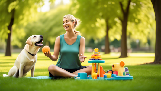 Create an image of a happy Labrador Retriever in a park, with a trainer using rewarding treats and toys. The trainer is demonstrating techniques like sitting, staying, and fetching. The dog is attenti