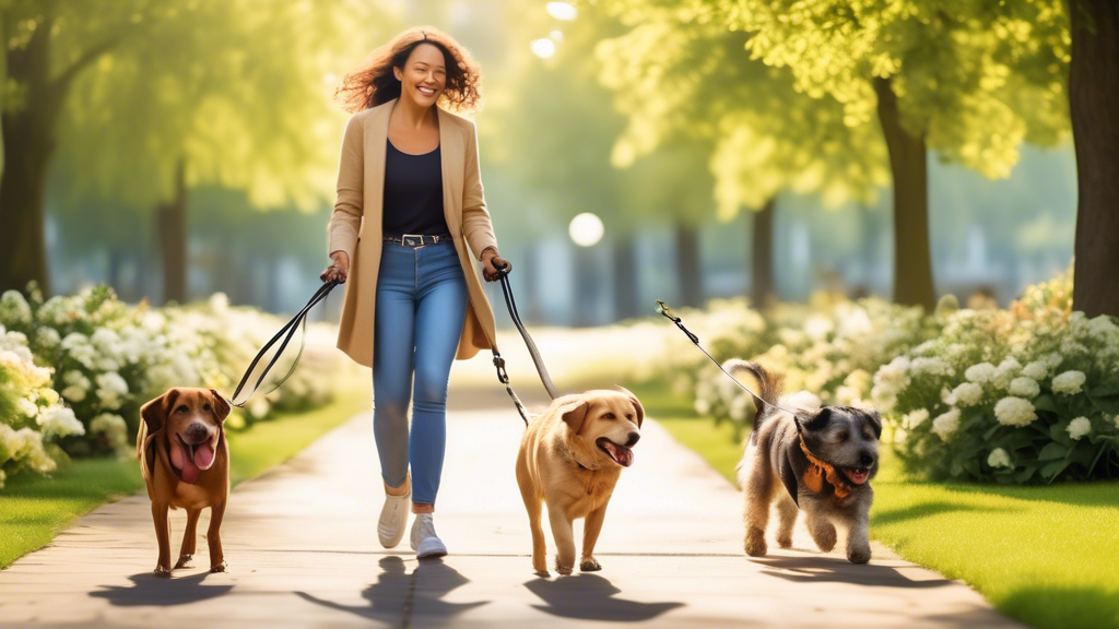 Create an image that shows a happy dog owner walking two different-sized dogs using a double-ended leash in a sunny park. The leash should be clearly visible, demonstrating its functionality with both