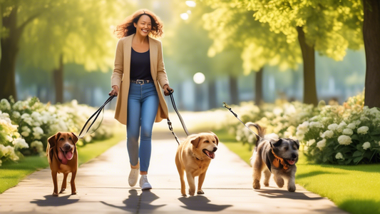 Create an image that shows a happy dog owner walking two different-sized dogs using a double-ended leash in a sunny park. The leash should be clearly visible, demonstrating its functionality with both