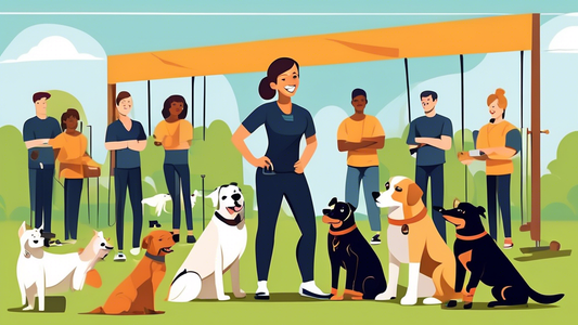 Create an image depicting a professional dog trainer at K9 Academy, filled with various dog training activities. Show the trainer demonstrating techniques to a group of enthusiastic dog owners, with w