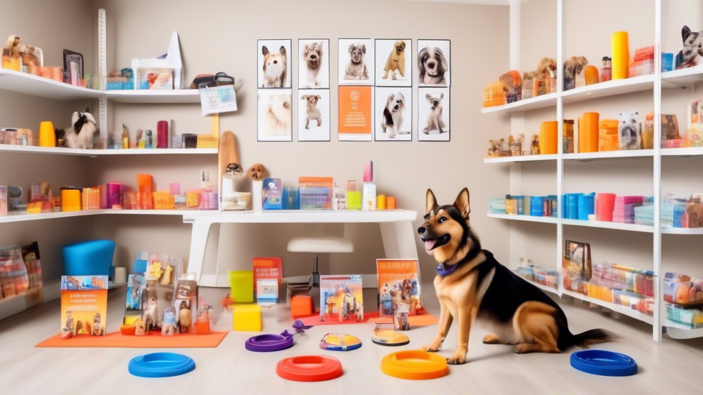 A brightly lit room with various dog training aids neatly arranged on shelves and a table. Items include clickers, treat pouches, agility cones, training collars, leashes, and interactive toys. In the