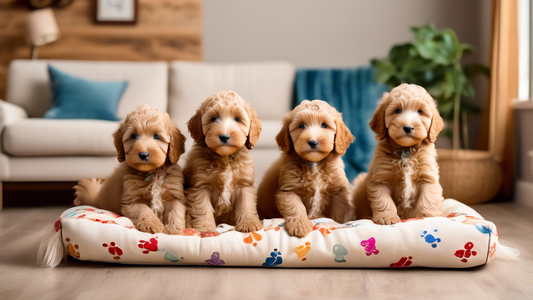 Create a vibrant, heartwarming image featuring adorable toy Labradoodle puppies playing in a cozy, well-decorated living room. The puppies should have different coats and colors, with some wagging the