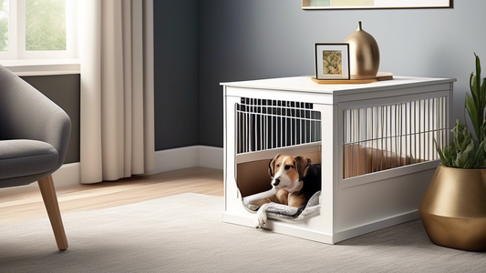 Create an image that showcases a modern living room with a sleek, stylish side door dog crate. The crate should be ergonomically designed with a comfortable bed inside and a happy, relaxed dog resting