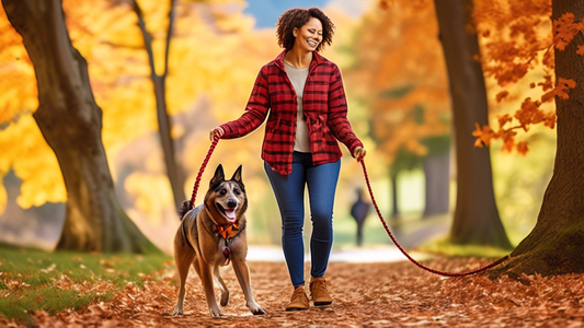Create an image showing a happy dog owner walking their dog on a Ruffwear Knot-a-Leash. The leash should be visibly durable and stylish with intricate knot patterns. The setting is a scenic park with 