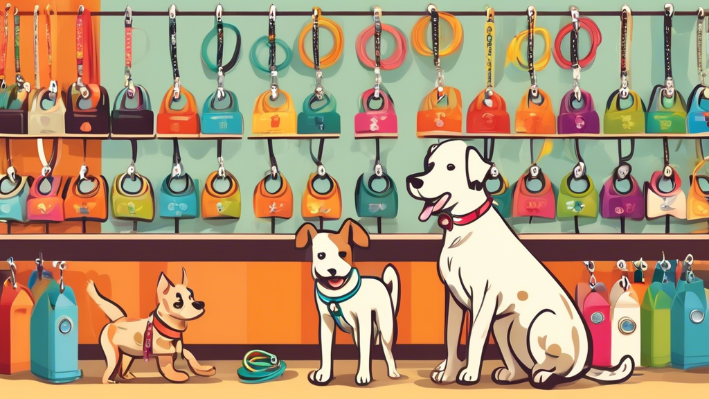 Create an image of a cheerful pet store with vibrant displays of affordable bulk dog leashes in various colors and styles. Show pet owners happily selecting leashes for their dogs, with some dogs pres