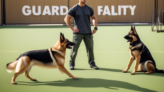 Create an image of a professional dog trainer working with a guard dog in a spacious, outdoor training facility. The scene should include various training equipment like agility courses, obstacle wall