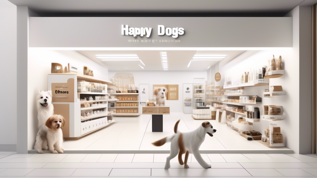 Create an image featuring a sleek and modern storefront showcasing a range of white label dog products. The display should include items such as dog food, toys, grooming supplies, and accessories, all