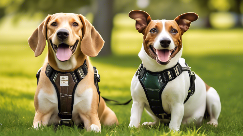 Generate an image of two happy hound dogs, one brown and one black and white, wearing different types of harnesses in a sunny park. Include a variety of harness styles such as step-in, no-pull, and ad