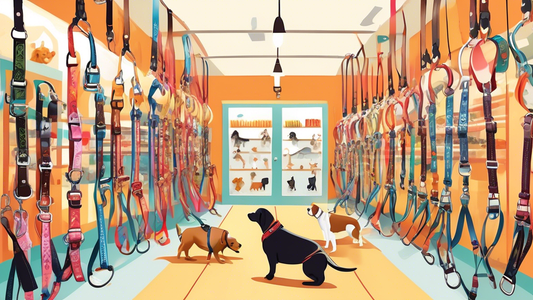 A detailed illustration of a variety of dog harness and lead sets, displayed on different breeds and sizes of dogs in a vibrant pet store setting. Each harness and lead set is labeled with its feature