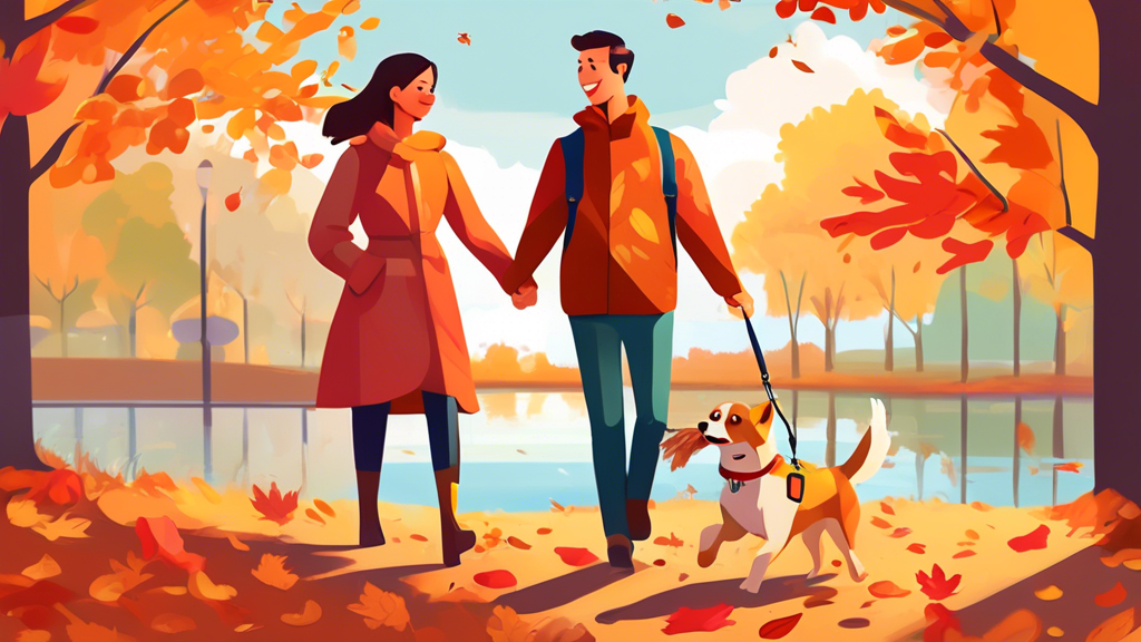 A couple enjoying a scenic walk in a sunlit park, both hands free as their happy dog trots alongside them, attached to a hands-free leash around their waist. The scene is filled with vibrant autumn co