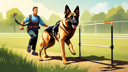 Generate an image of a German Shepherd in a training field, wearing a harness and accompanied by a trainer. The background should feature various training equipment such as hurdles and protective slee