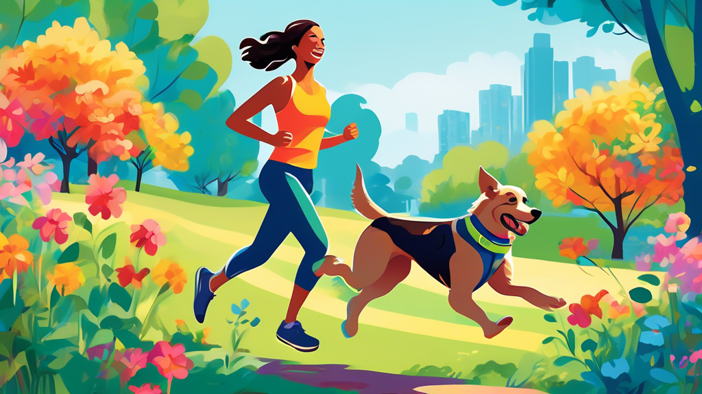 A vibrant outdoor scene in a park with a cheerful person jogging with their energetic dog attached to a dog running belt. Both the person and the dog look excited and engaged, surrounded by lush green