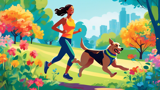 A vibrant outdoor scene in a park with a cheerful person jogging with their energetic dog attached to a dog running belt. Both the person and the dog look excited and engaged, surrounded by lush green