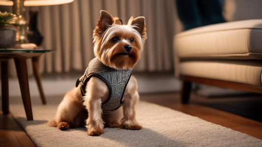 A high-resolution photograph of a small to medium-sized dog wearing an elegant tweed harness while sitting on a cozy, plush rug in a beautifully designed living room. The dog's coat is well-groomed, a