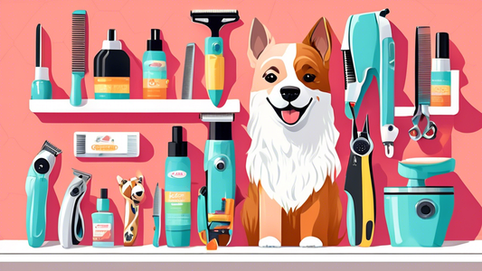 A bright, cozy grooming station with various top-rated dog clippers neatly arranged on a table. Several happy, well-groomed dogs of different breeds are pictured, showcasing their clean fur. The backg