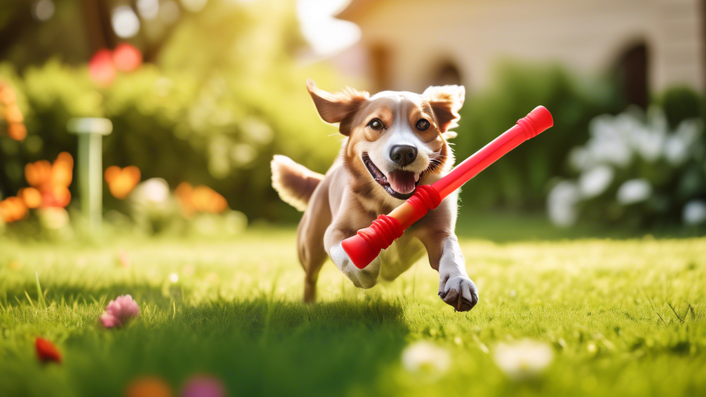 Create an image of a happy dog playing energetically with a Kong Stick toy in a sunny backyard. The dog should appear excited and engaged with the durable toy, which is visually striking with its reco