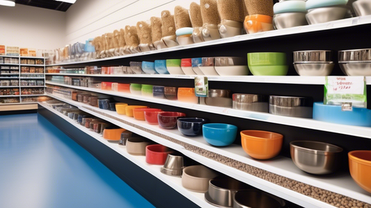 Create an image of a wide variety of high-quality bulk dog bowls, displayed in a well-organized pet store aisle. Bowls should range in materials (stainless steel, ceramic, and plastic) and sizes to su