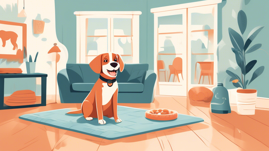 Create an illustration of a cozy living room with a playful puppy using a dog training pad. The room should include pet-friendly furniture, toys scattered around, and the puppy happily standing or sit