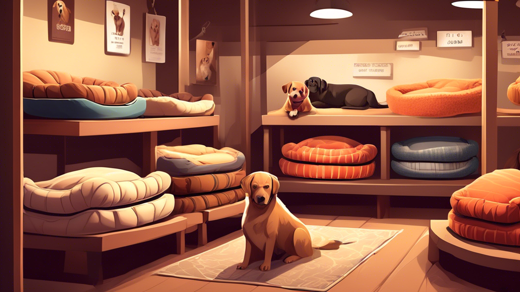 Create an image of a cozy, well-designed store with rows of various dog beds in different sizes and styles. Show the beds arranged neatly on display racks with price tags indicating affordable wholesa