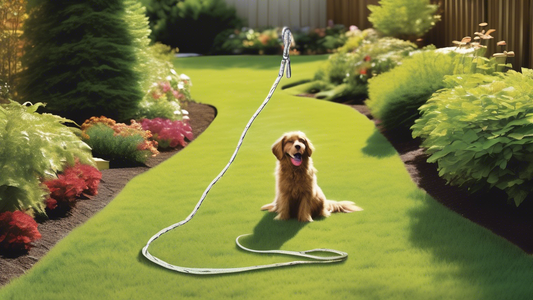 Create an image of a sunny, spacious backyard with a variety of long leashes displayed. Show different leashes attached to designated spots like a tree, a fence post, and a ground stake. Include a hap