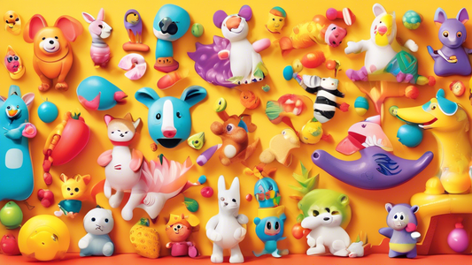 Create an illustration featuring a vibrant and whimsical scene filled with colorful, playful squeaky toys in various shapes like animals, fruits, and everyday objects. Show children and pets happily i