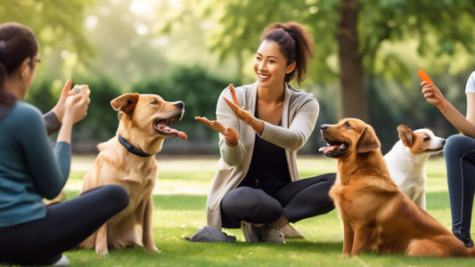 Create an image showing a dog training scene in a park, with a professional dog trainer guiding a friendly, eager-eyed dog. The dog is sitting attentively and staying in place while the trainer, holdi
