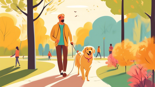 An image of a calm, happy golden retriever wearing a Gentle Leader collar, walking alongside its owner in a serene park setting, with the leash loose and the background showing people and other dogs e